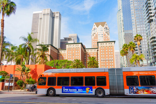 Bus in front of sunny Los Angeles