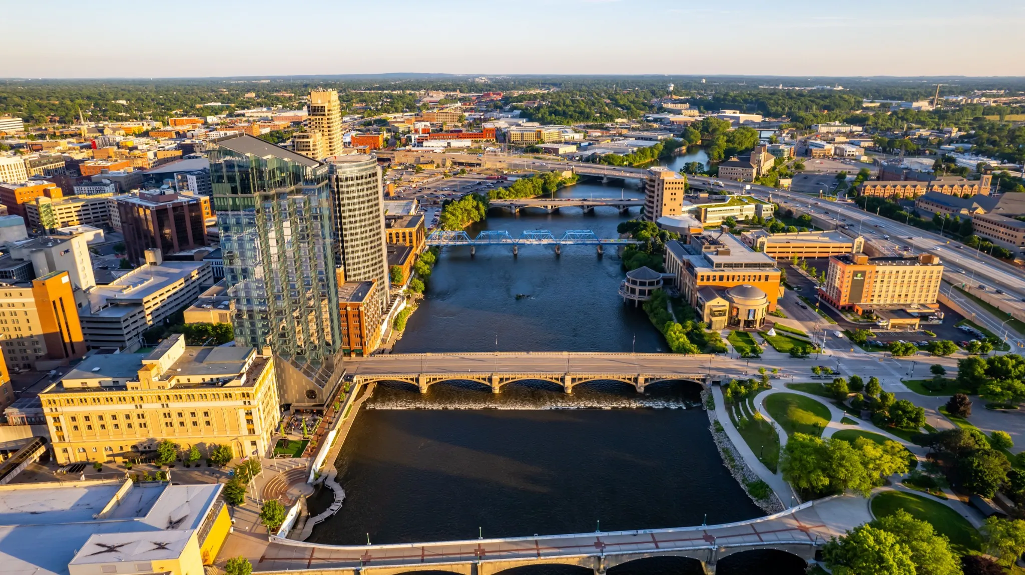 Aerial view of the downtown buildings in Grand Rapids, Michigan