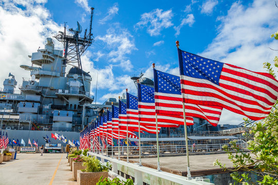 American flags in a line at Missouri warship memorial