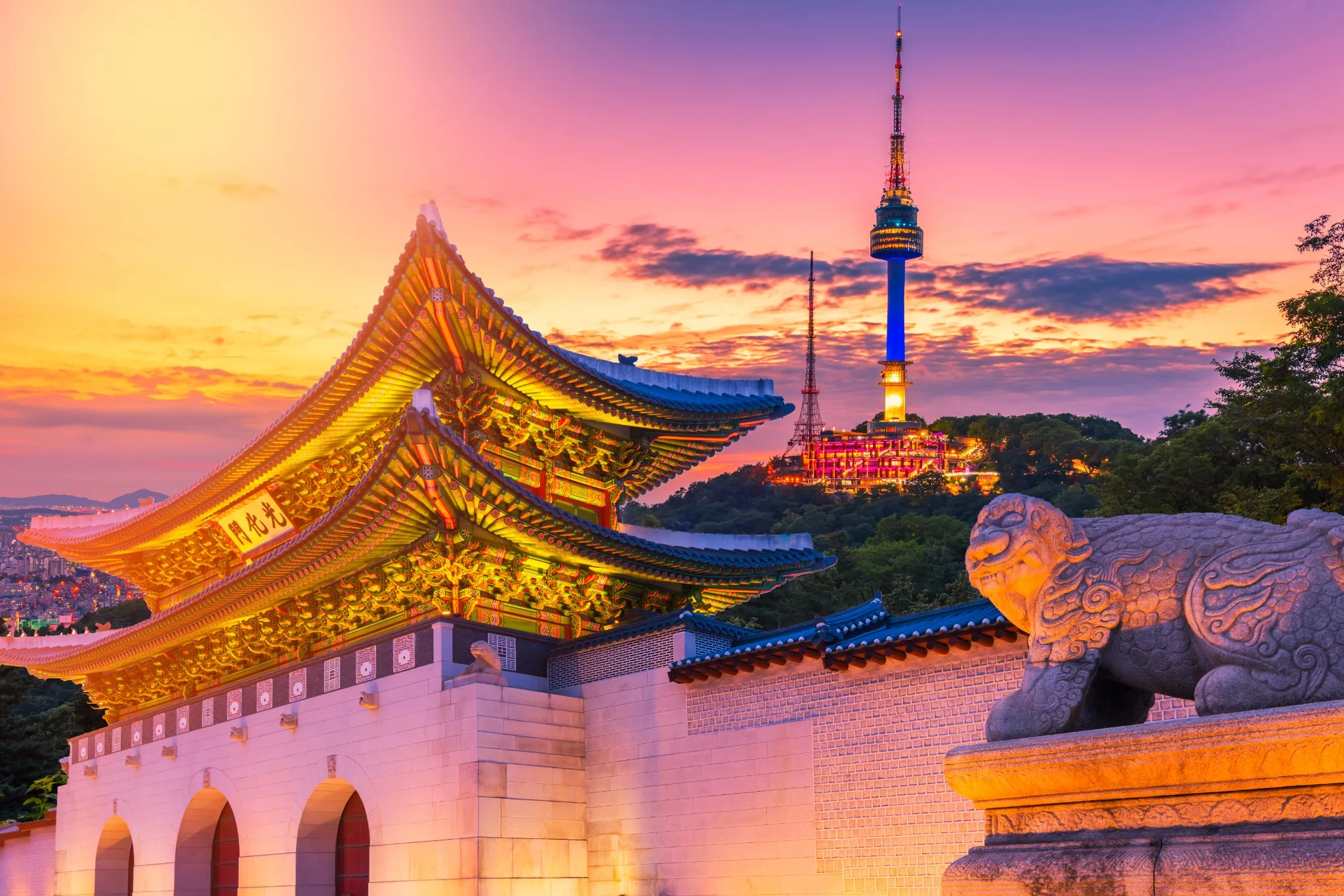 Landmark of Korea with covered Gyeongbokgung n Seoul Tower , South korea