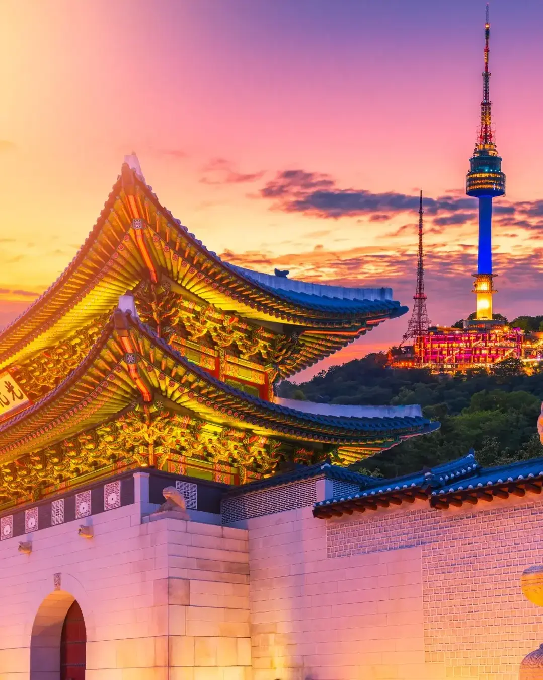 Landmark of Korea with covered Gyeongbokgung n Seoul Tower , South korea