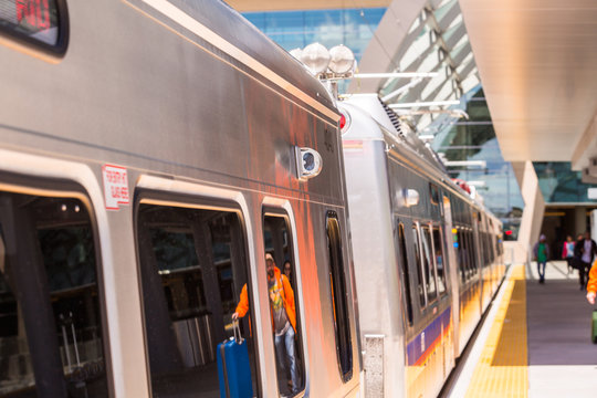 Train running by in metro business park