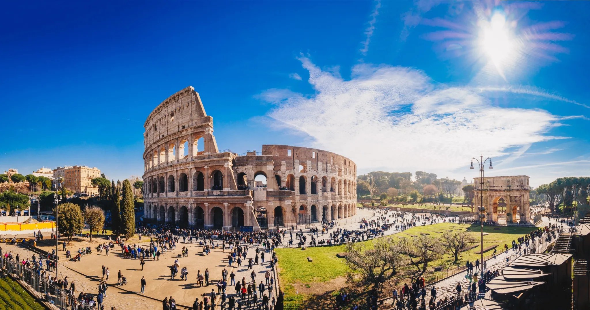 The Roman Colosseum (Coloseum) in Rome, Italy wide panoramic view