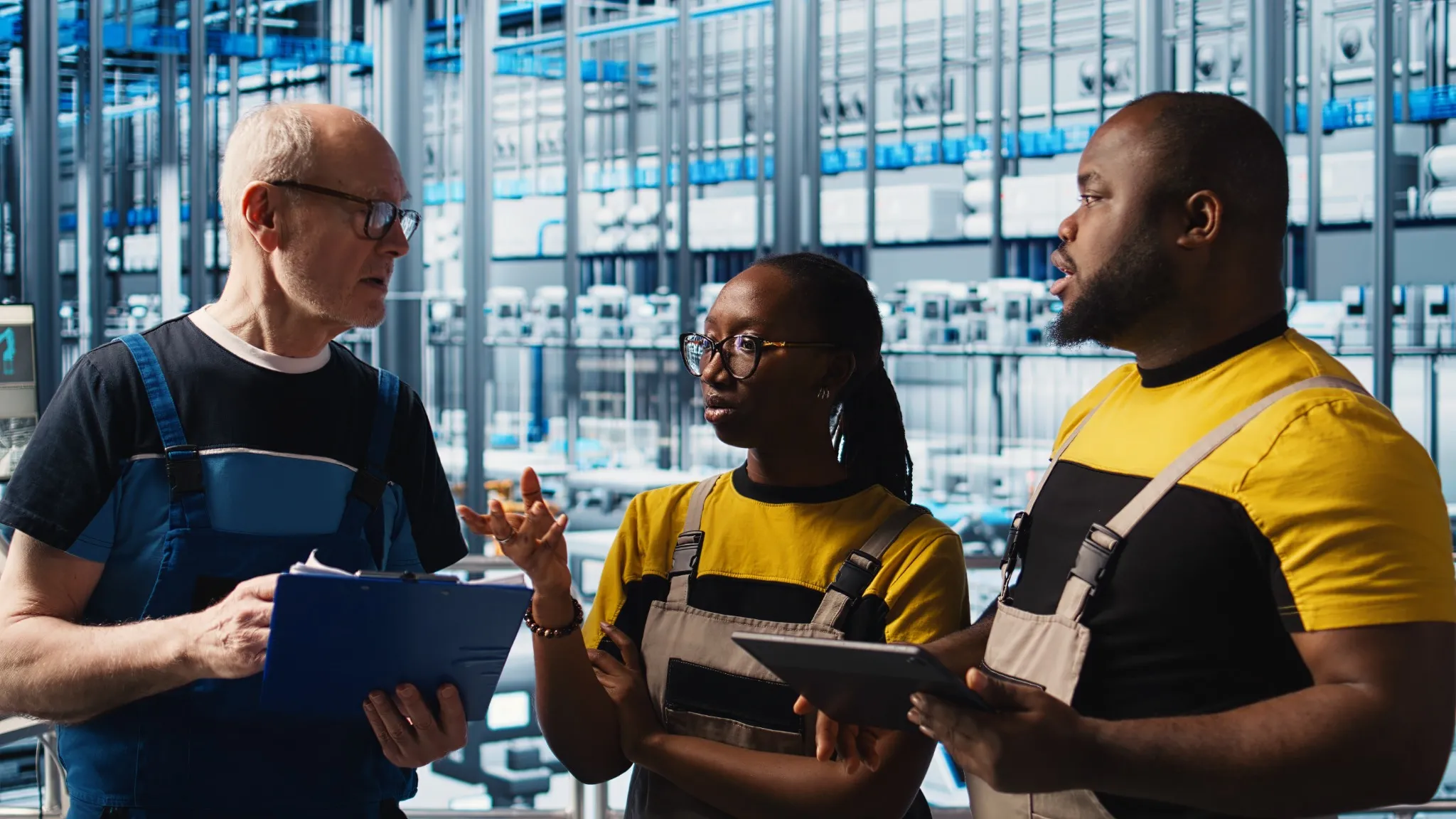 Smart factory team leader teaching new trainees to test automated systems and ensure reliability.