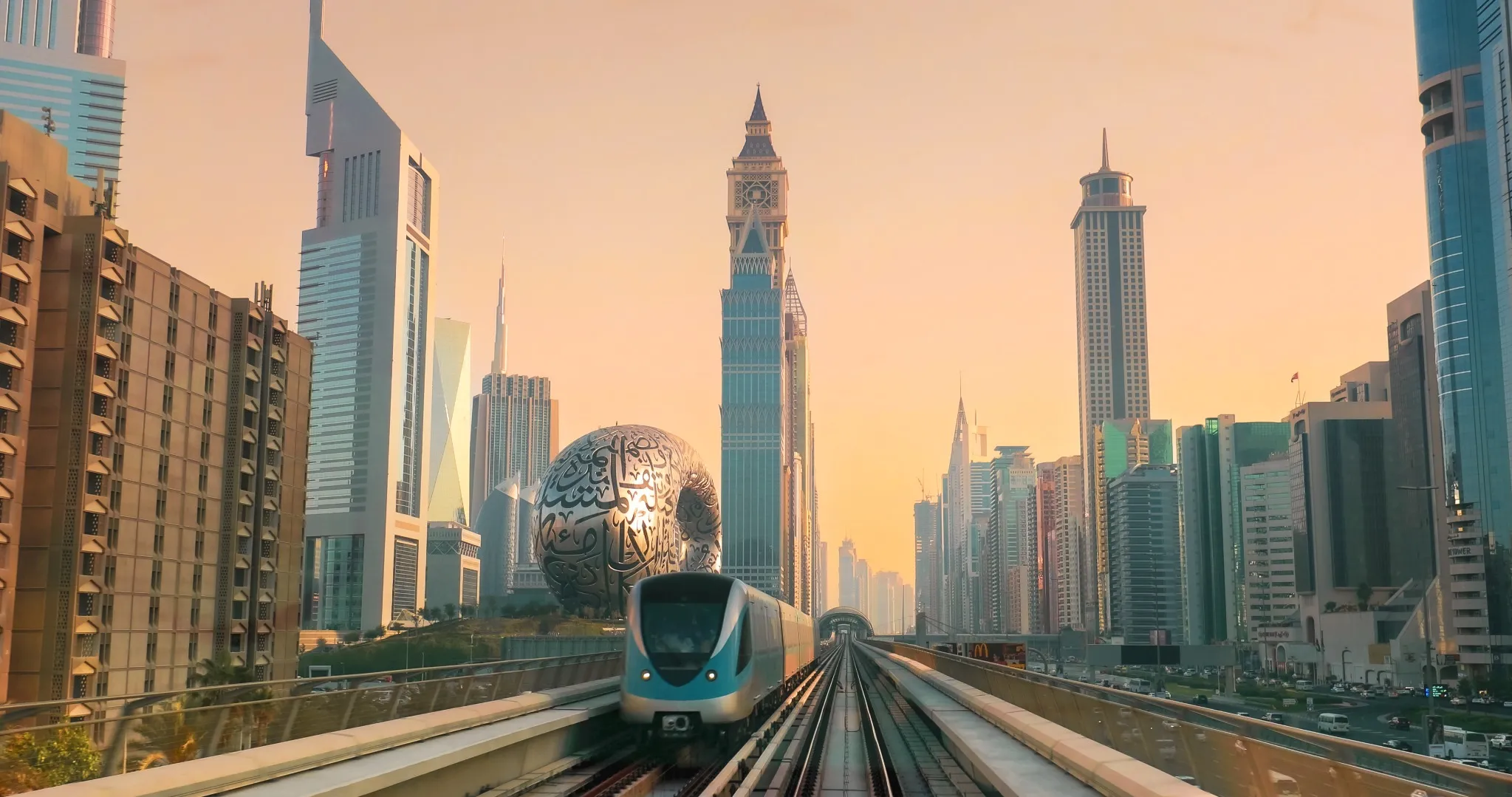 Dubai, UAE, United Arab Emirates. Monorail POV Subway train rides among skyscrapers