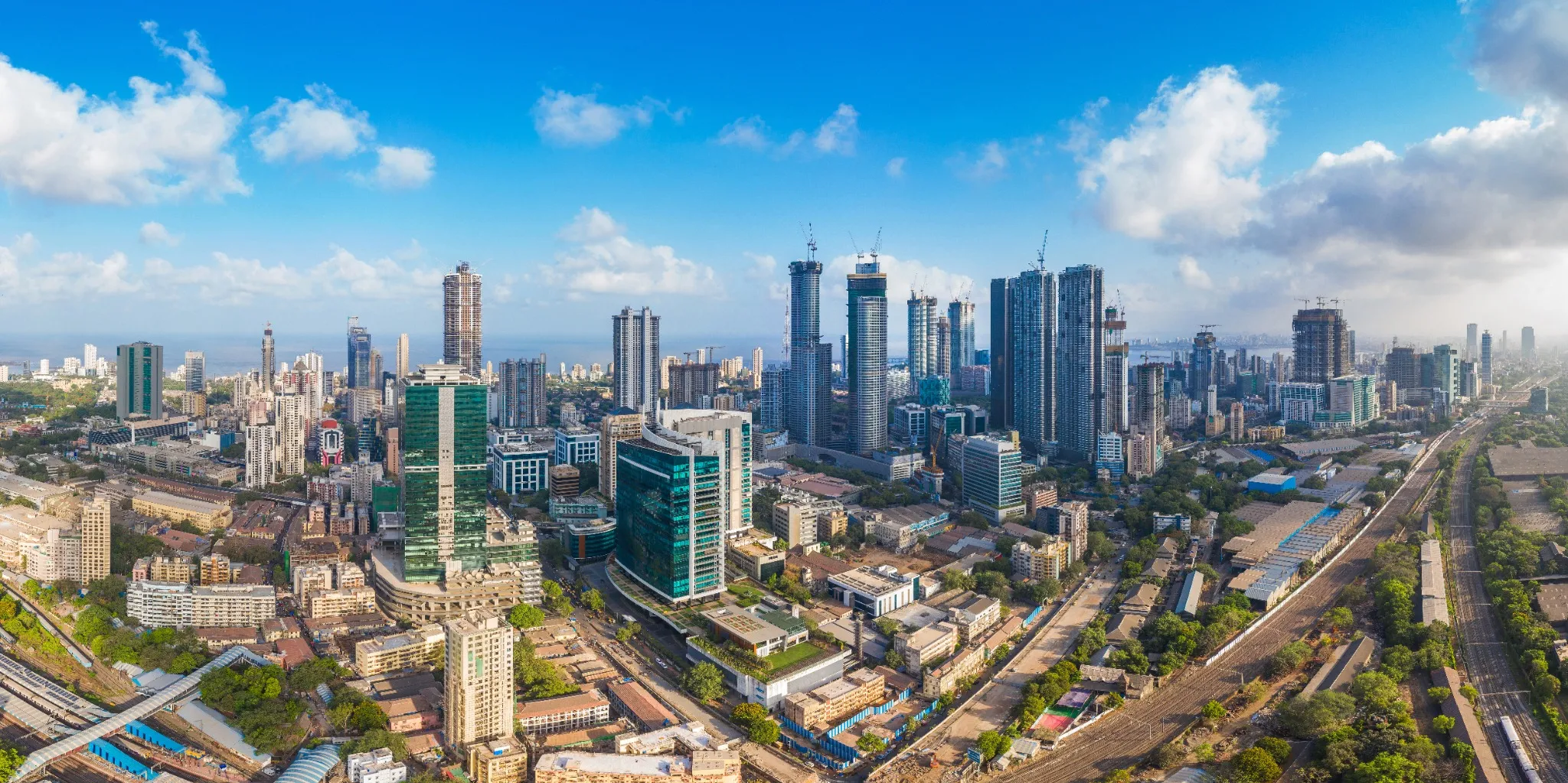 Aerial panoramic view Mumbai's Lower Parel skyline, with Worli, Prabhadevi, Elphinstone, Dadar and Bandra also visible..
