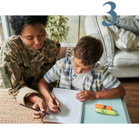 military woman helping child with homework